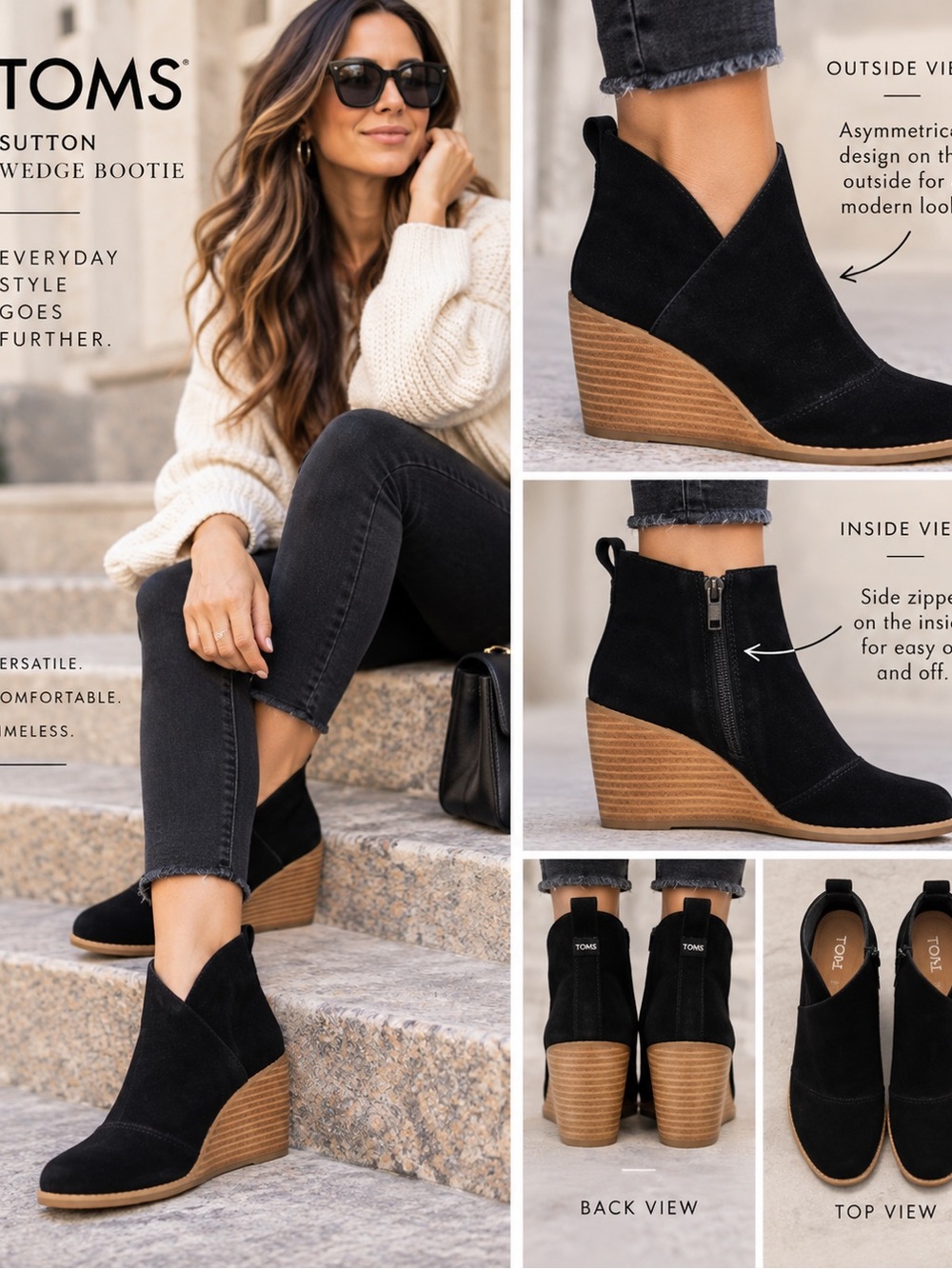 TOMS Sutton Black Suede Wedge Ankle Booties Women’s Size 6.5